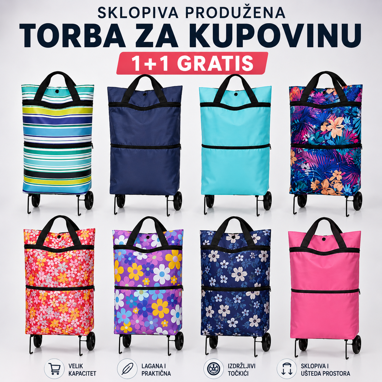 Sklopiva Torba za Kupovinu na Točkovima 1+1 GRATIS