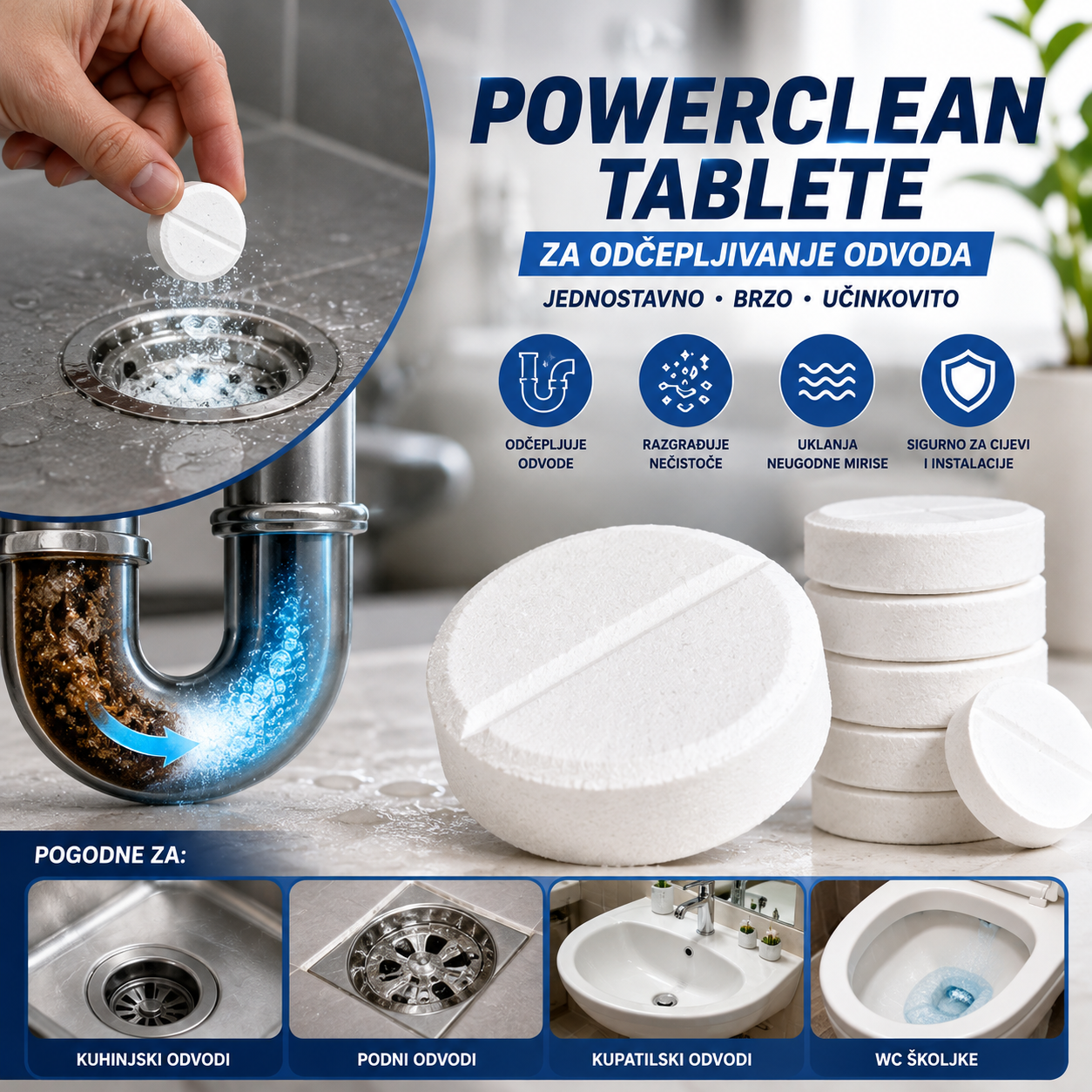 PowerClean Tablete za odčepljivanje odvoda - 8 KOMADA