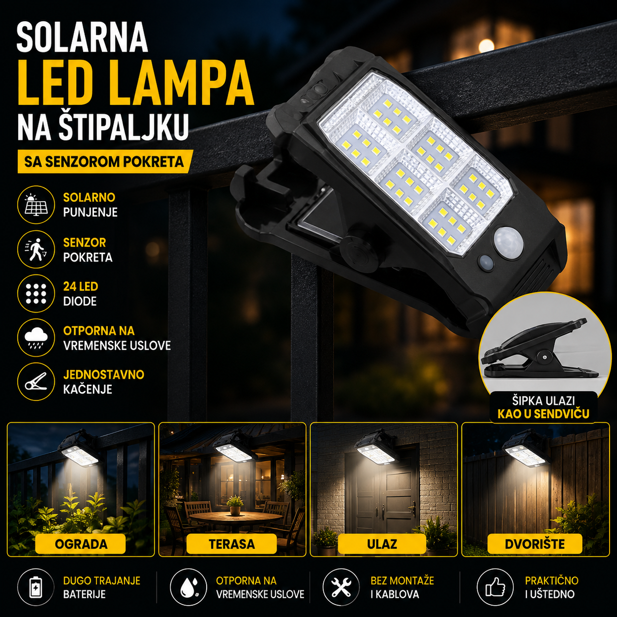 Solarna lampa na štipaljku 1+1 GRATIS