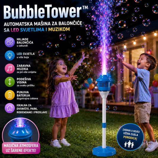BubbleTower – Automatska Mašina za Balončiće sa LED Svjetlima i Muzikom